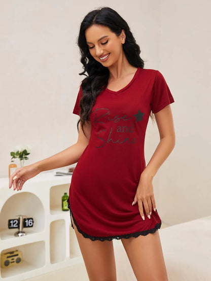 Women's Summer Sleepwear: A V-neck nightdress featuring a lace hem and short sleeves.