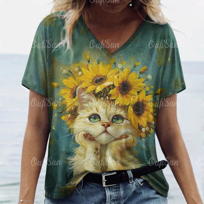 teen and young mom lovely cat T. shirt Cat Print Casual Short Sleeve Crew Neck  Female Oversized Clothing