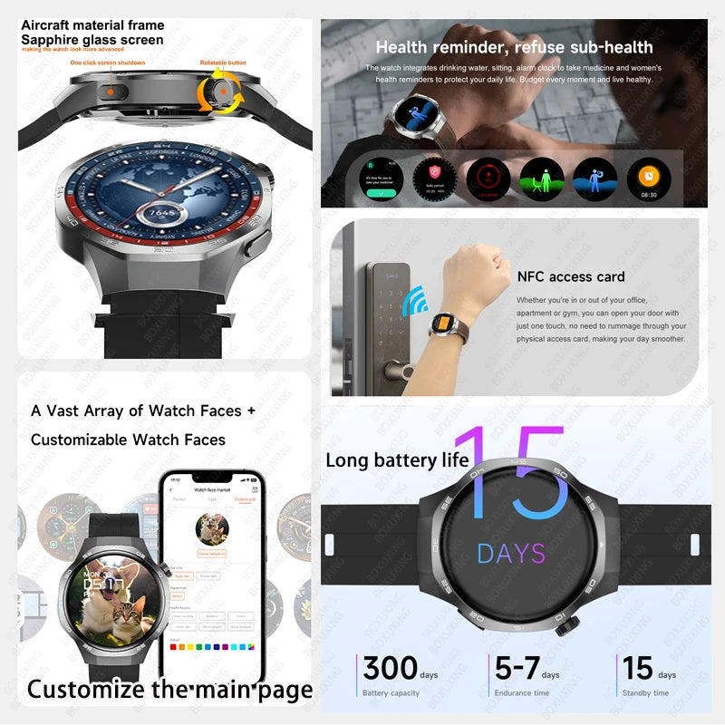 Huawei Xiaomi 2025 GT5 Pro Men Smart Watch AMOLED HD Screen GPS NFC Heart Rate Bluetooth Call IP68 (Waterproof )