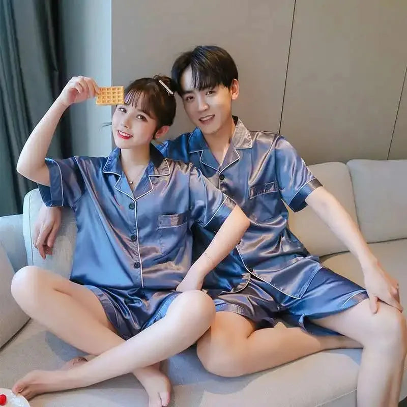 Men & Women Solid Color Sleepwear Silk Satin Pajamas Couple Set Short-sleeved Pyjamas