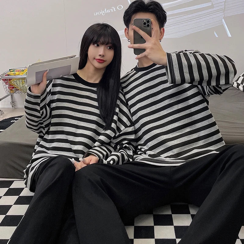 Cotton Men Pajamas Plus Size Autumn and Winter Striped Long-Sleeved Trousers 2 Piece Set Sleepwear