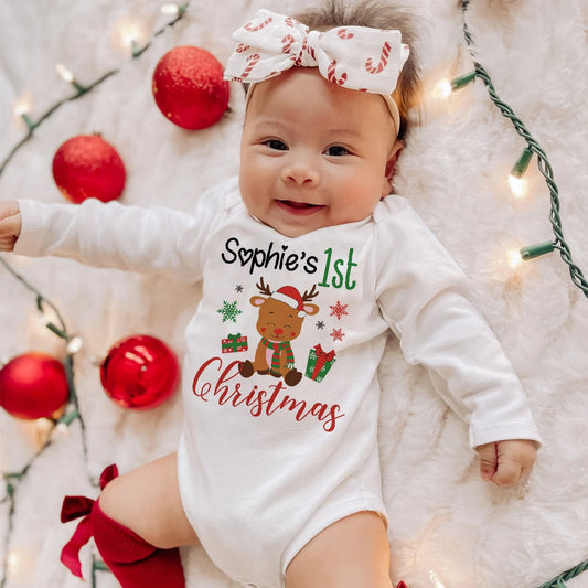 Personalized Baby's First Christmas Bodysuits, Custom Name Newborn Jumpsuit for Boys and Girls, Long Sleeve Xmas Party Clothes for Infants