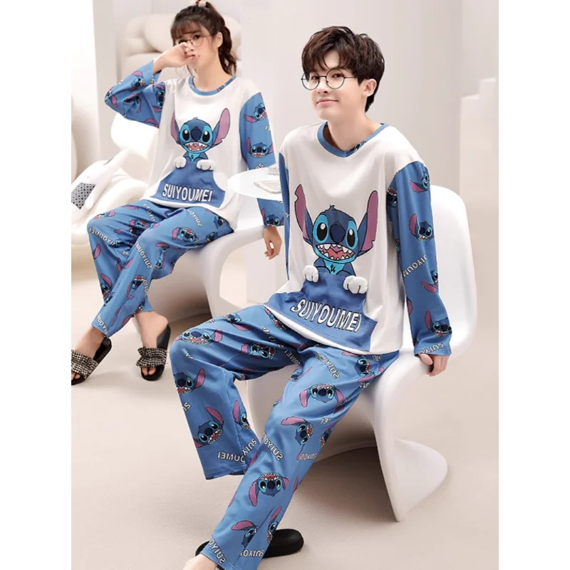 Cartoon Disney couple pajamas men's/women's pure cotton Stitch autumn two-piece set Stitch women and man pajamas home wear