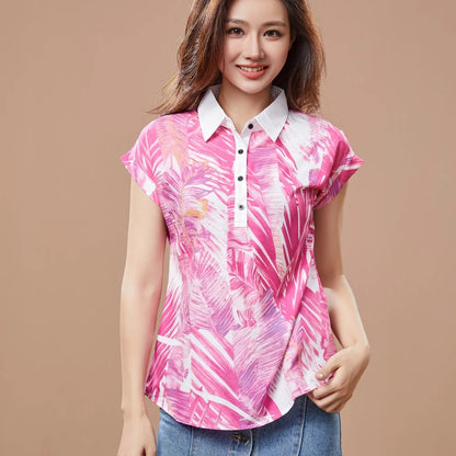 Chiffon Blouses for Spring & Summer Style Short Sleeve Turn-down Collar Printed