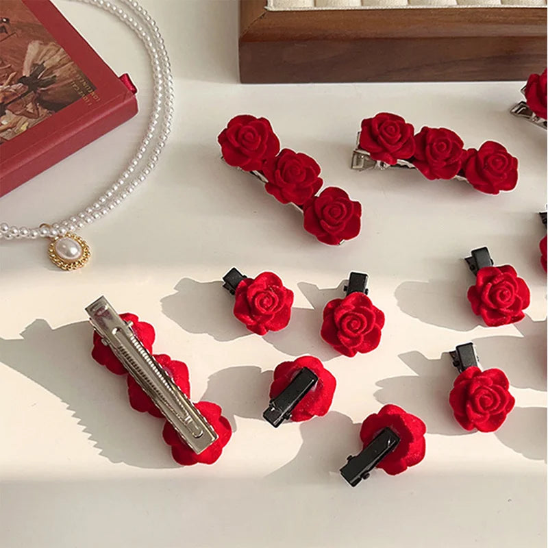 Red Velvet Rose Hair Clips For Women Girls Small Flower