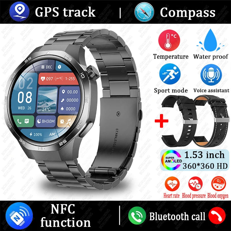 Huawei Xiaomi 2025 GT5 Pro Men Smart Watch AMOLED HD Screen GPS NFC Heart Rate Bluetooth Call IP68 (Waterproof )