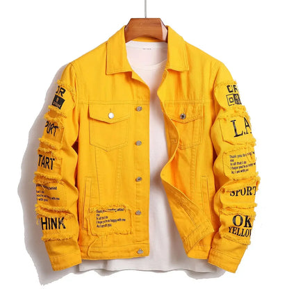 Men's Y2K denim jacket featuring jeans-style clothing patches, a windbreaker design, stretchy cotton fabric, and a trucker style. This cowboy letter-themed designer jacket is a fashionable choice for men.