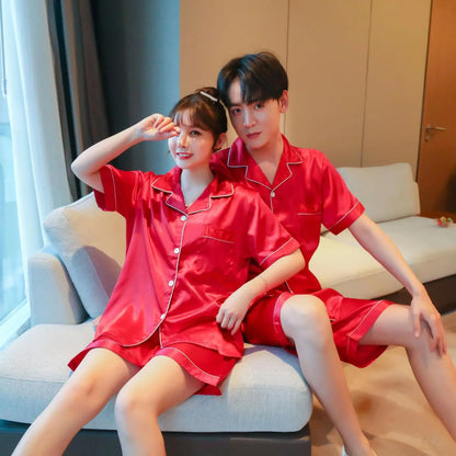 Men & Women Solid Color Sleepwear Silk Satin Pajamas Couple Set Short-sleeved Pyjamas