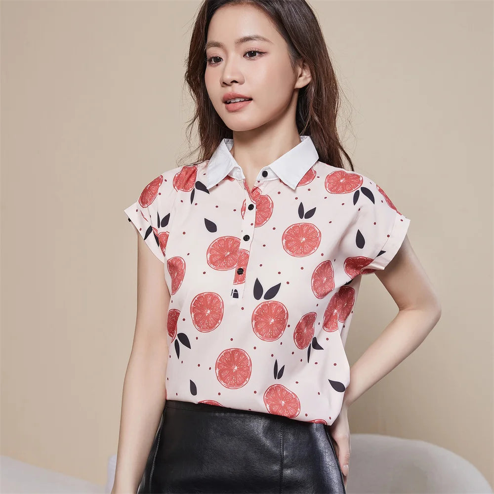 Chiffon Blouses for Spring & Summer Style Short Sleeve Turn-down Collar Printed