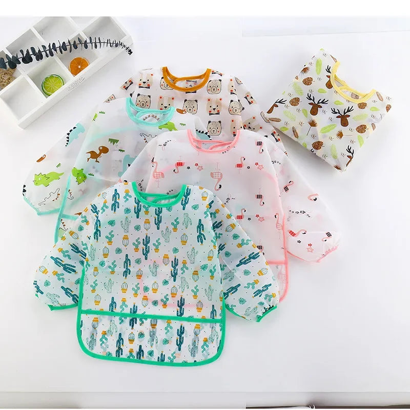 Baby Bibs Cartoon Infant Toddler Baby Long Sleeve Waterproof Eating Smock Feeding Bib Art Apron Burp Clothes