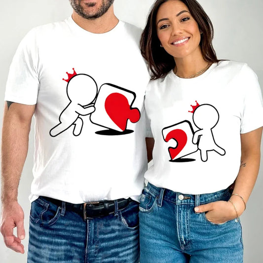 Cartoon Girl Boy Heart Puzzle Print Couple T Shirt Short Sleeve Loose King & Queen