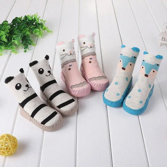 Cotton Warm Shoes with Rubber Anti Slip Sole Winter Baby Cute Cartoon Animal Floor Socks for Infant Girls Boys