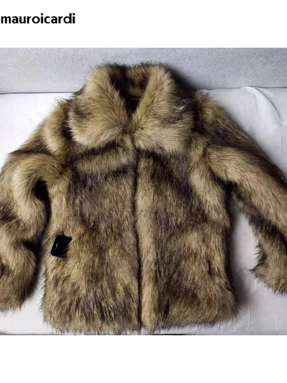 Men's Winter Short, Thick, Warm, Hairy, Shaggy Faux Raccoon Fur Coat with Long Sleeves - High-Quality Luxury Fluffy Jacket 2025