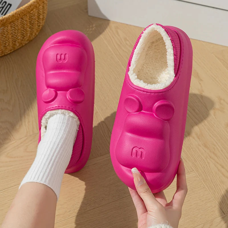 Cute Candy Color Bear Womens Warm Slippers Winter Plush Warm House Waterproof Slippers Women Thick Bottom Slip On Cotton Slides