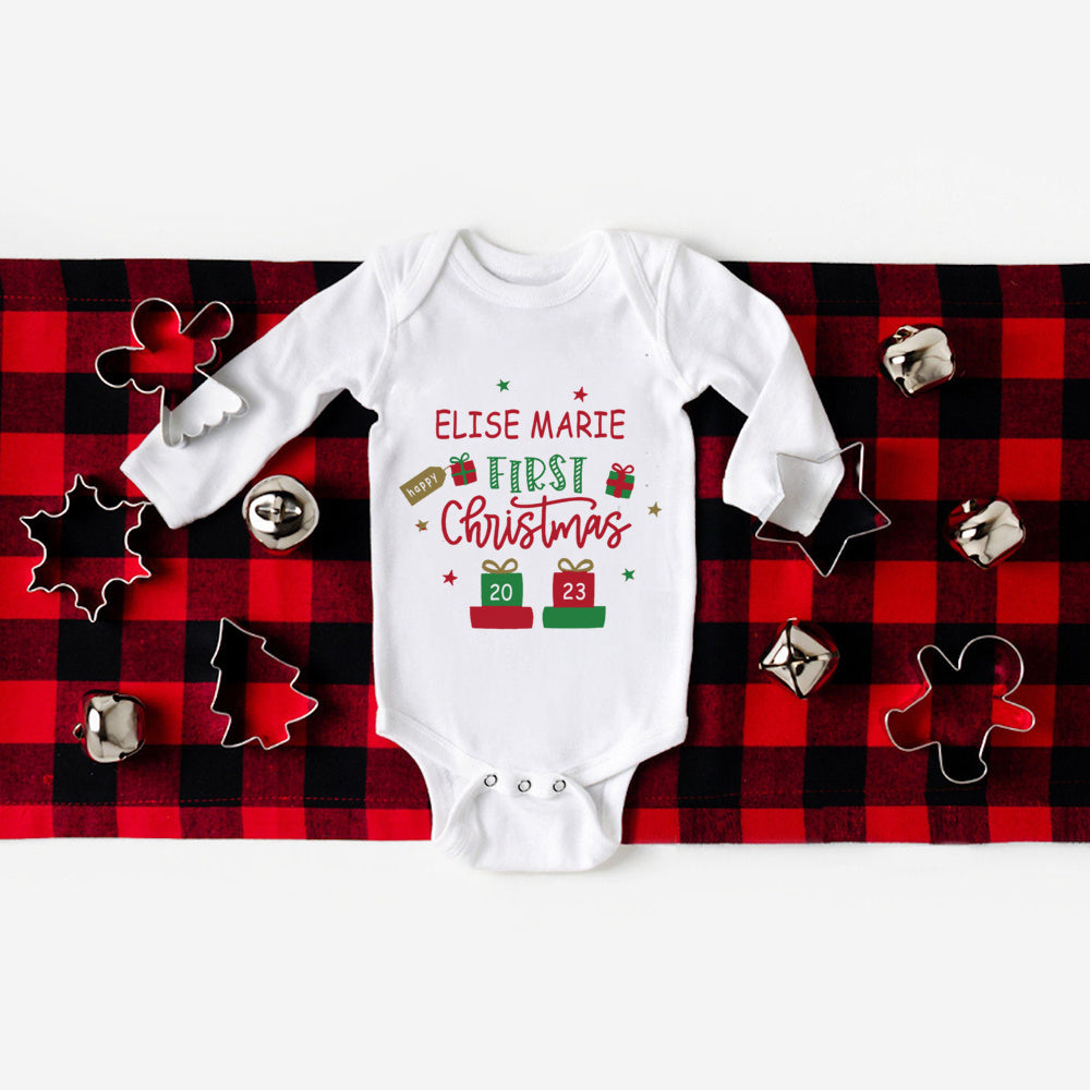 Personalized Baby's First Christmas Bodysuits, Custom Name Newborn Jumpsuit for Boys and Girls, Long Sleeve Xmas Party Clothes for Infants