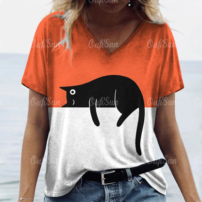 teen and young mom lovely cat T. shirt Cat Print Casual Short Sleeve Crew Neck  Female Oversized Clothing