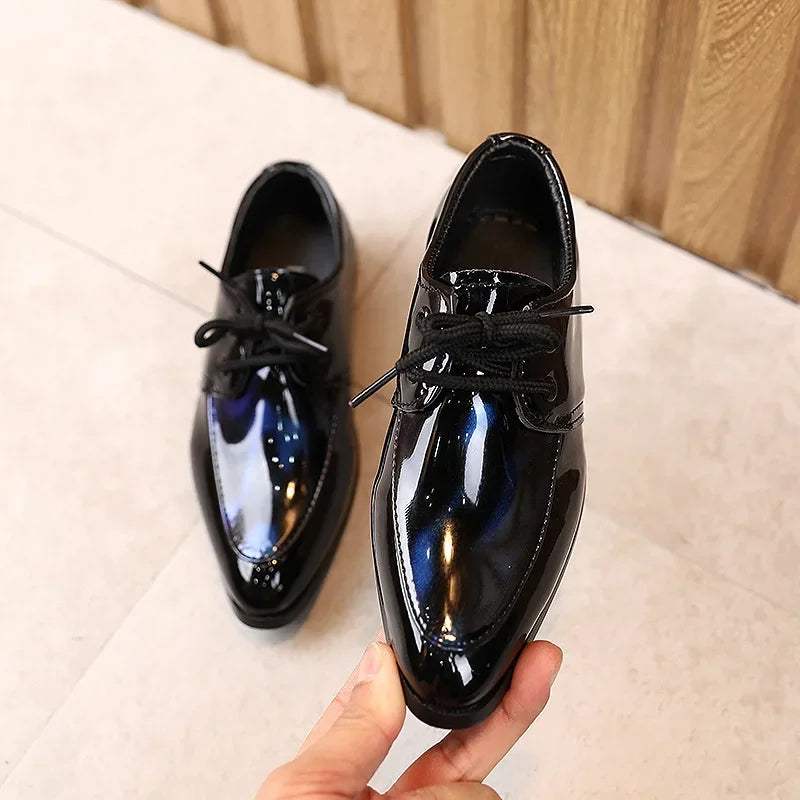 Children Patent Leather Shoes Fashion Pointed Toe Lace Up Boy Shoes Comfortable Soft Sole Kids Shoes 6-13 years