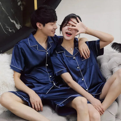 Men & Women Solid Color Sleepwear Silk Satin Pajamas Couple Set Short-sleeved Pyjamas