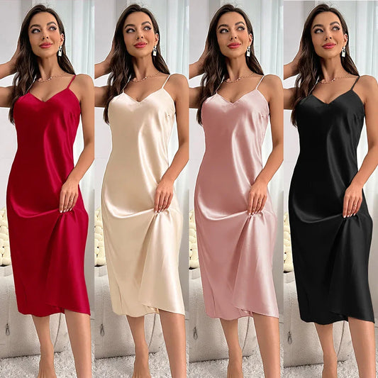 New Sexy Solid Color Long Nightdress Women's Fashion Ice Silk Home Wear