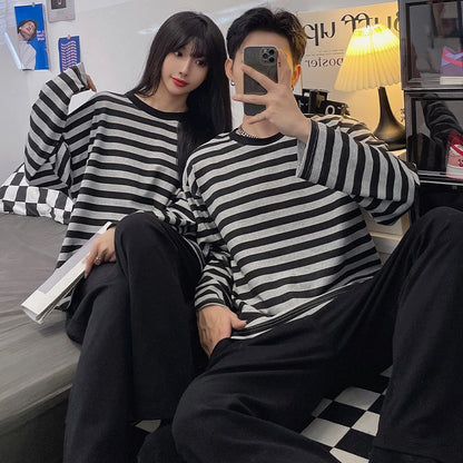 Cotton Men Pajamas Plus Size Autumn and Winter Striped Long-Sleeved Trousers 2 Piece Set Sleepwear