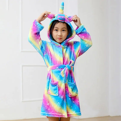 Boys Girls Sleepwear Hooded Bathrobe Toddler Unicorn Anime Cartoon Towel Beach