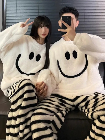 couple Smile Fluffy Flannel Couples Pajamas Set Women Christmas PJ Warm Furry Homewear