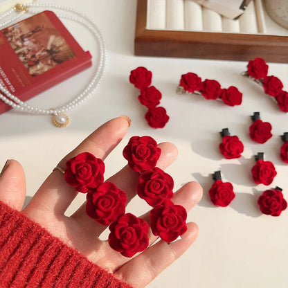 Red Velvet Rose Hair Clips For Women Girls Small Flower