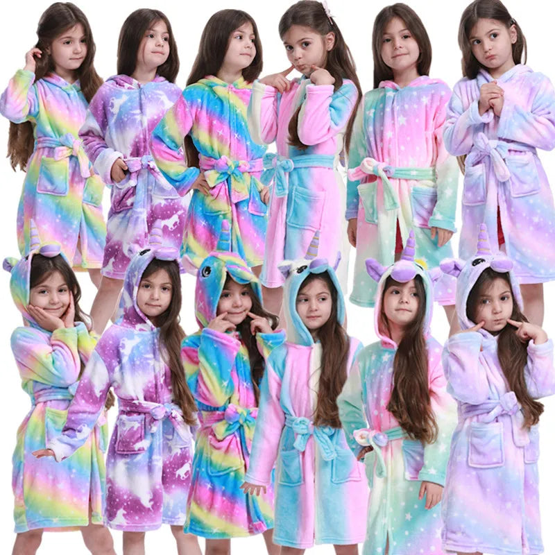 Boys Girls Sleepwear Hooded Bathrobe Toddler Unicorn Anime Cartoon Towel Beach