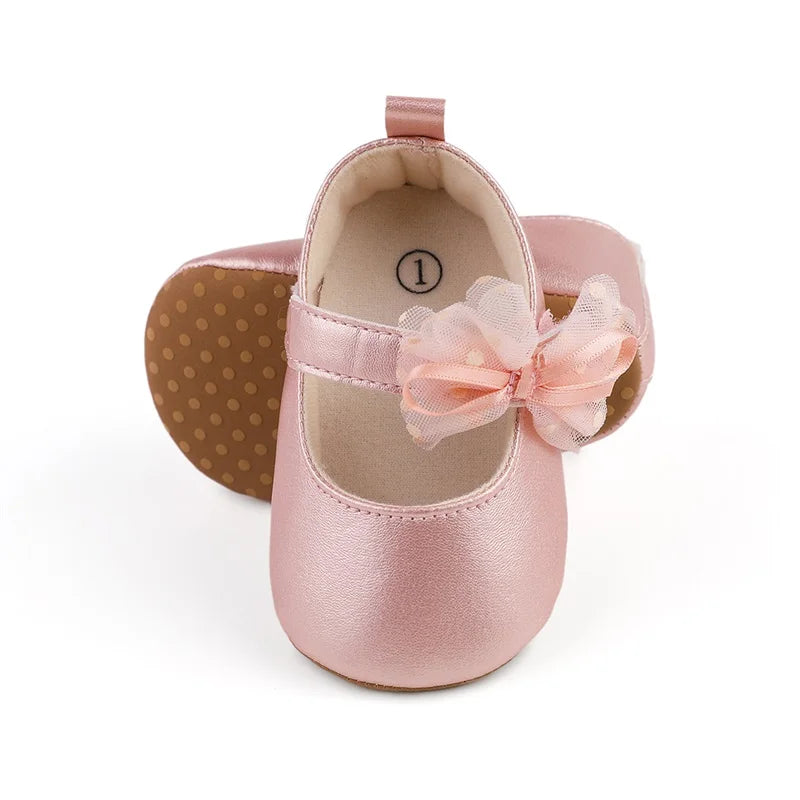 Princess  Baby Girls Shoes Shine Surface Dot Print Mesh Bowknot Flats Non-Slippery Wedding & formal party shoes 0-18 months