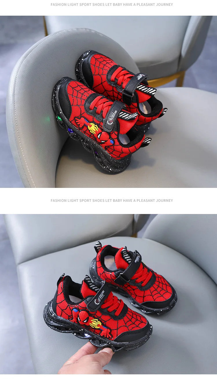 Disney LED Casual Sneakers in Red and Black, perfect for spring. Boys' mesh outdoor shoes with lighting and non-slip design, available in sizes 21-30.