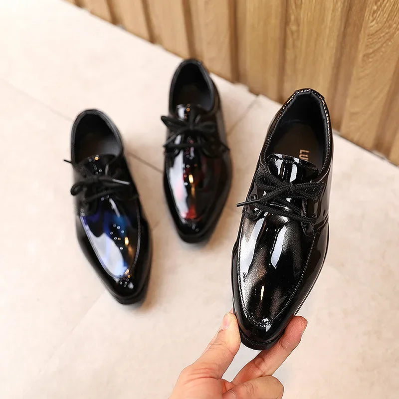 Children Patent Leather Shoes Fashion Pointed Toe Lace Up Boy Shoes Comfortable Soft Sole Kids Shoes 6-13 years