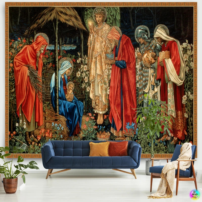 Christian  Scene Tapestry Jesus Birth Manger Barn Wall Hanging Angel Easter Christmas Wall Decor Christ Tapestries Room Decoration