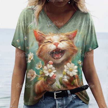 teen and young mom lovely cat T. shirt Cat Print Casual Short Sleeve Crew Neck  Female Oversized Clothing