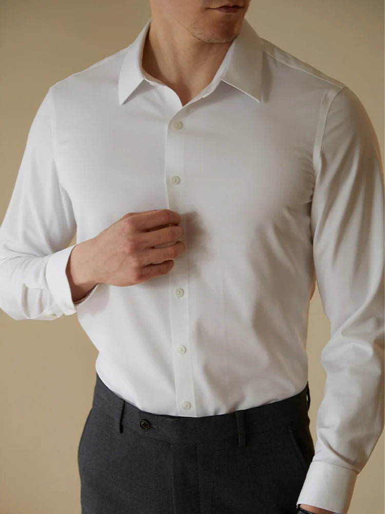 Men  Fit Cotton Solid Color Shirt Smart Casual Long Sleeve Formal Shirt