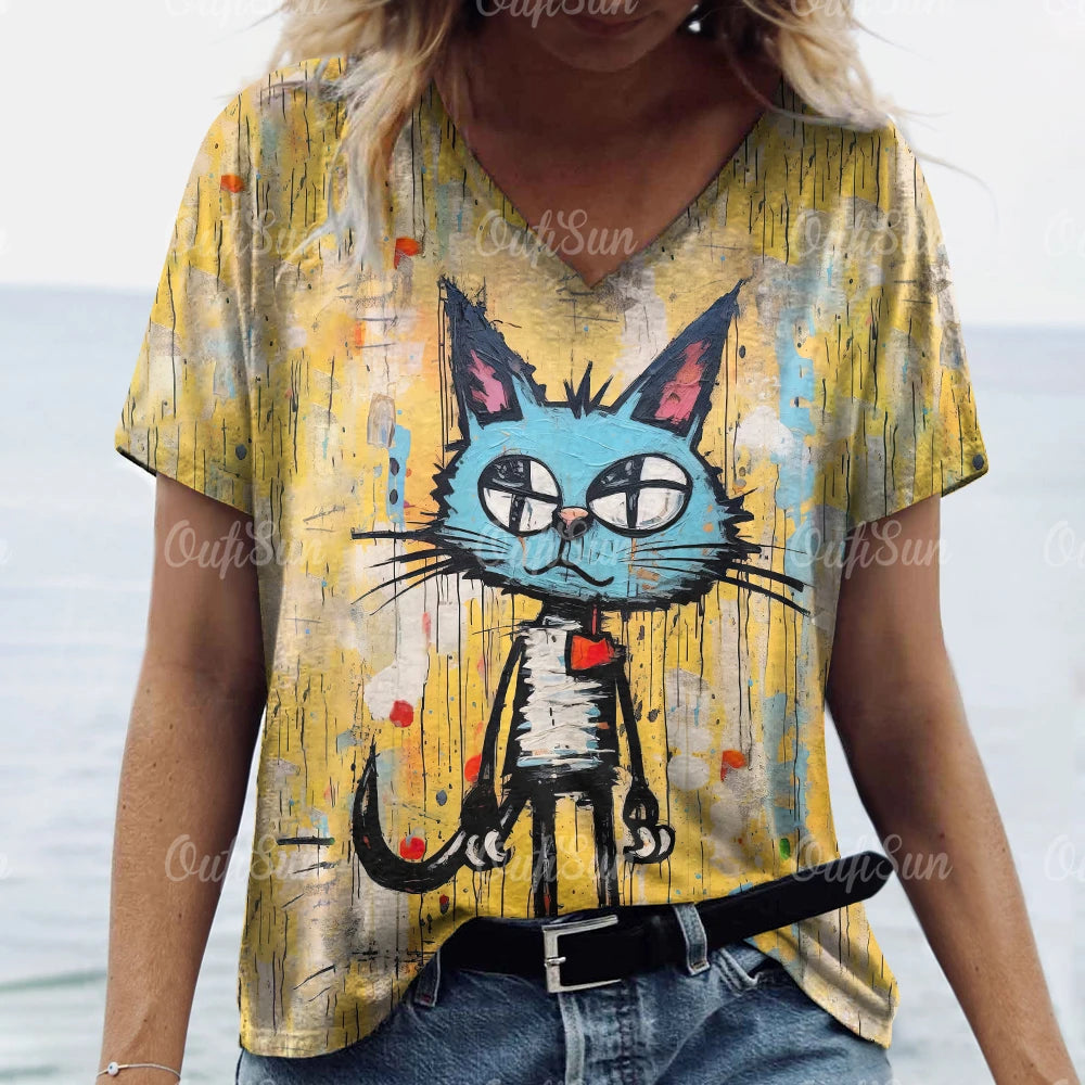 teen and young mom lovely cat T. shirt Cat Print Casual Short Sleeve Crew Neck  Female Oversized Clothing