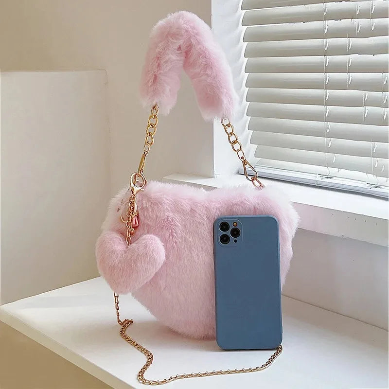 Faux Fur Heart-shaped Women Small Handbags Fluffy Plush Ladies Chain