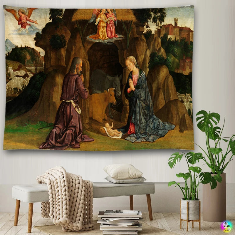 Christian  Scene Tapestry Jesus Birth Manger Barn Wall Hanging Angel Easter Christmas Wall Decor Christ Tapestries Room Decoration