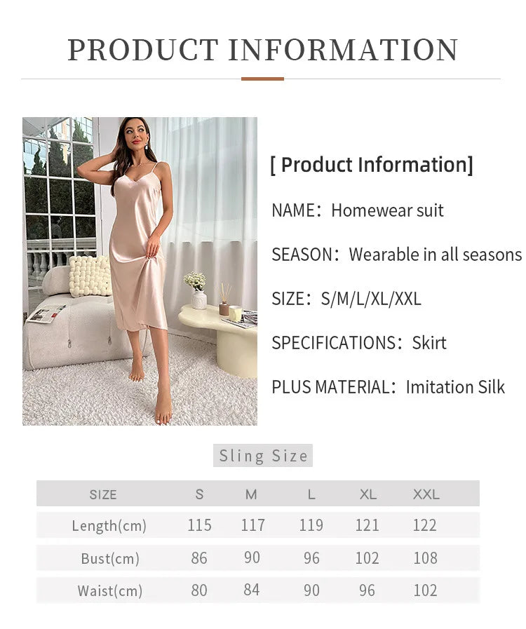 New Sexy Solid Color Long Nightdress Women's Fashion Ice Silk Home Wear