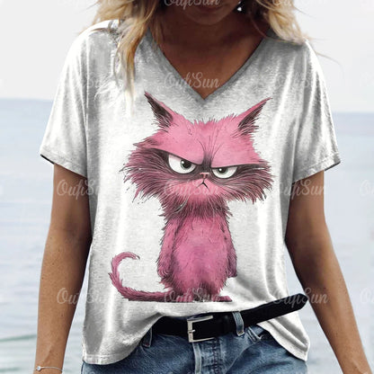 teen and young mom lovely cat T. shirt Cat Print Casual Short Sleeve Crew Neck  Female Oversized Clothing