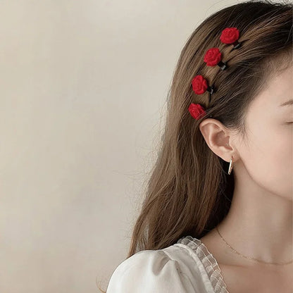 Red Velvet Rose Hair Clips For Women Girls Small Flower