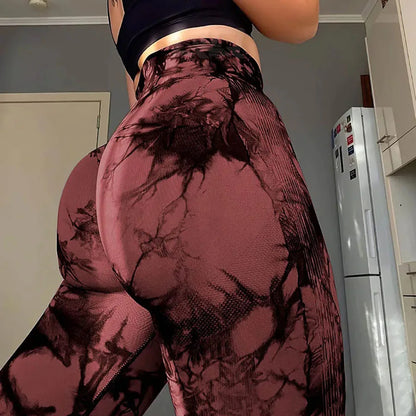 Ladies' Seamless Tie-Dye Scrunch Yoga Leggings: High-Waisted Workout Sports Pants