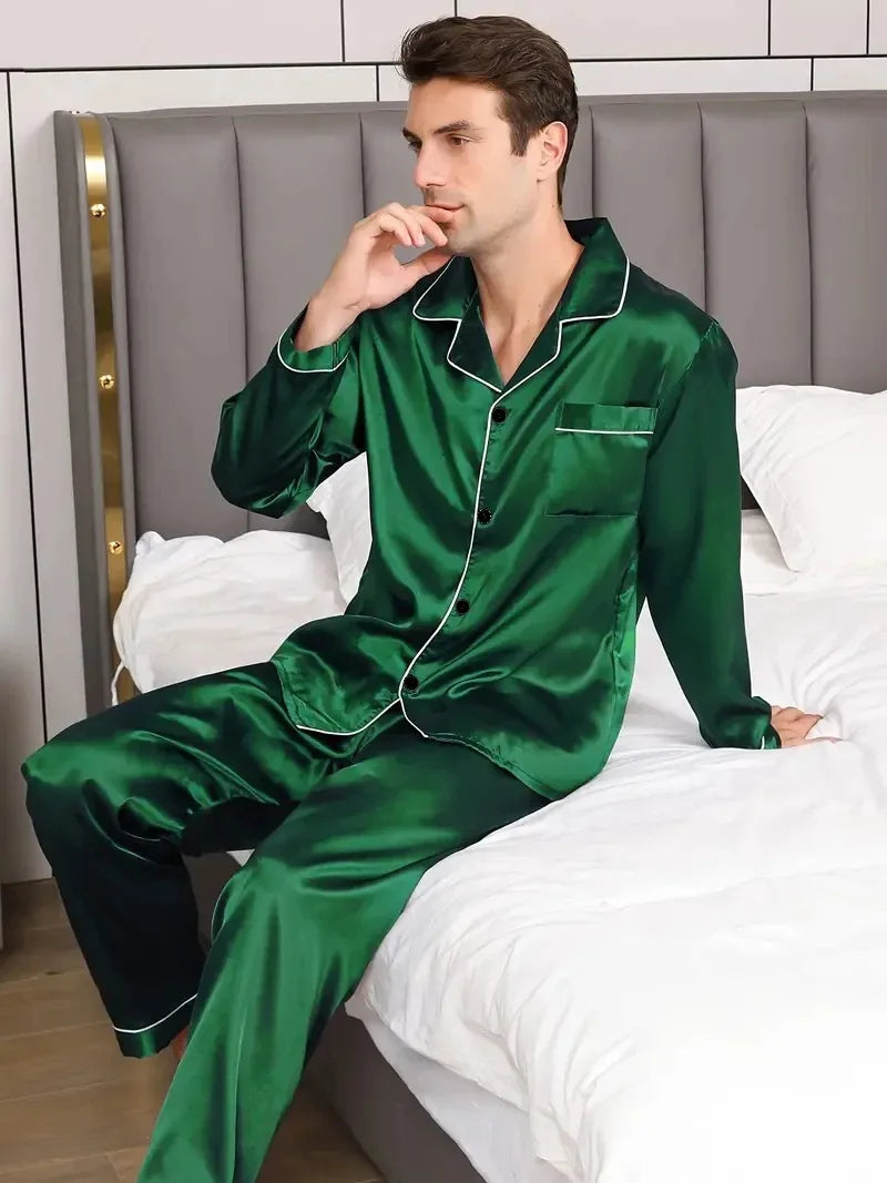 Men Fashion Pajamas Set Silk Satin Nightwear Big Size Spring Sleepwear .