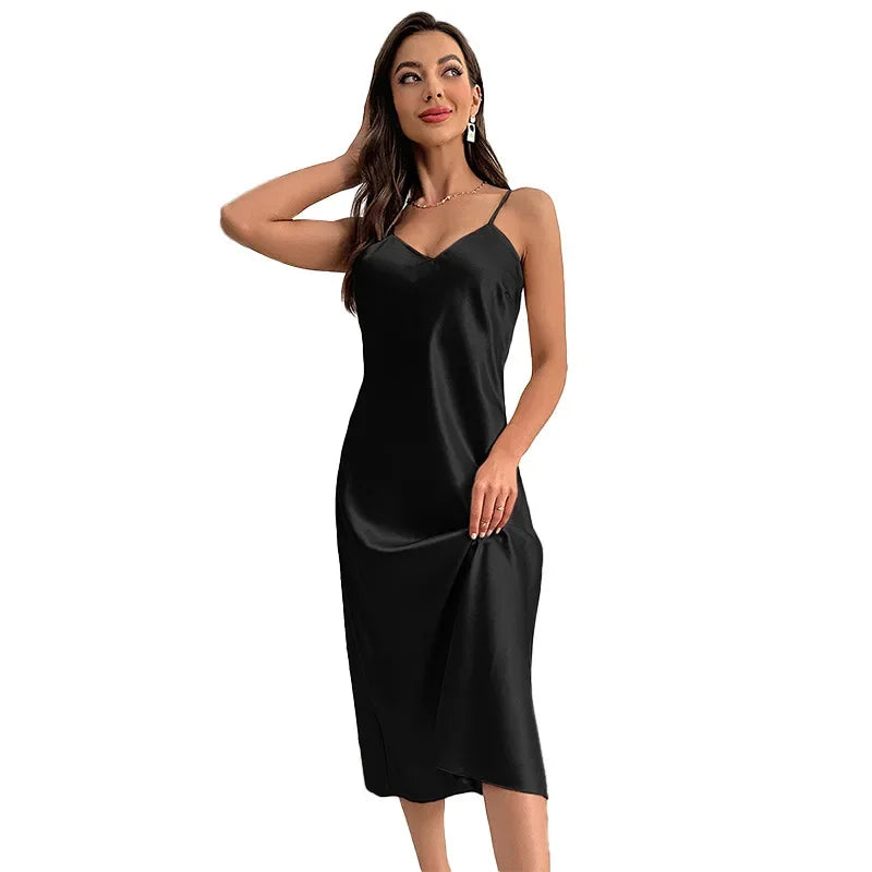 New Sexy Solid Color Long Nightdress Women's Fashion Ice Silk Home Wear