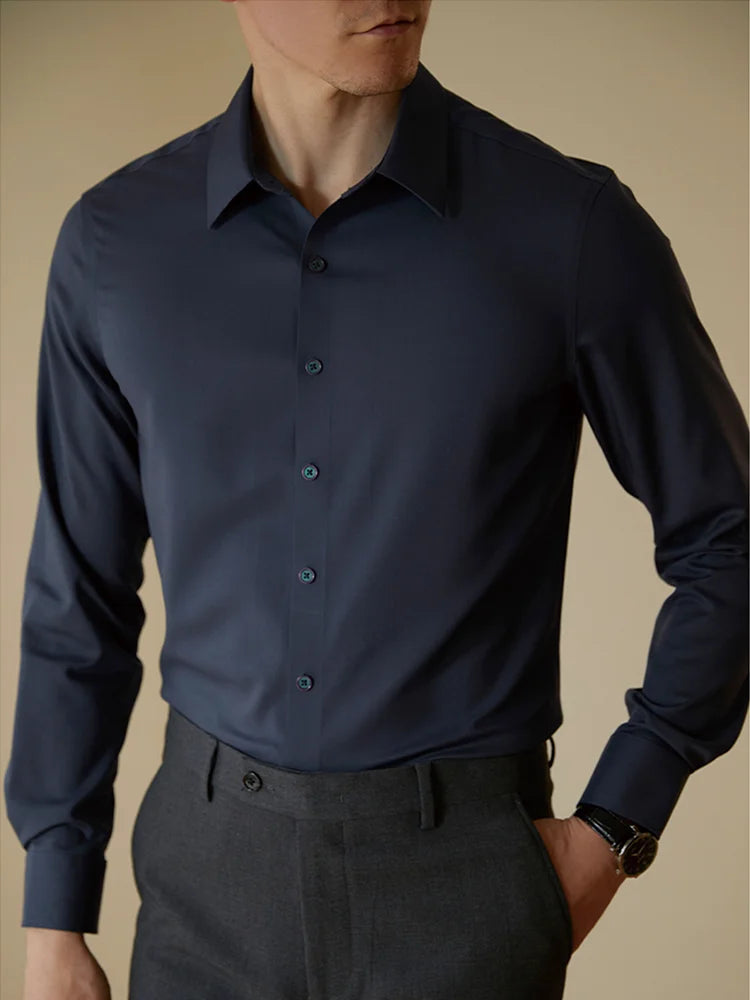 Men  Fit Cotton Solid Color Shirt Smart Casual Long Sleeve Formal Shirt