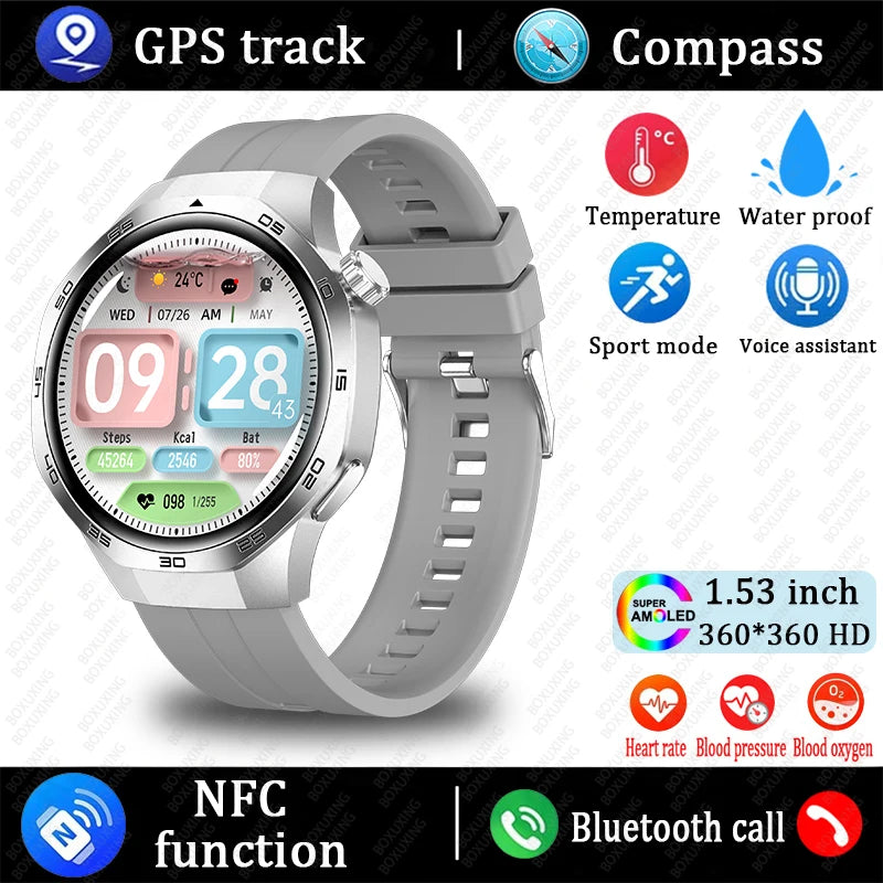 Huawei Xiaomi 2025 GT5 Pro Men Smart Watch AMOLED HD Screen GPS NFC Heart Rate Bluetooth Call IP68 (Waterproof )