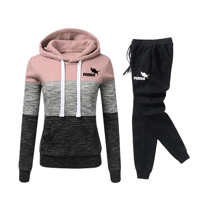 Women Tracksuit Hooded Sweatshirt + Pants Suit Female Color Block Casual Jogging Pullovers Lady Sport Trousers Outfits 2024