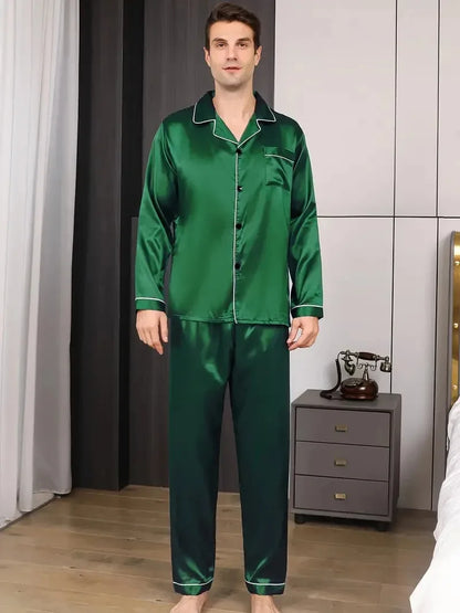 Men Fashion Pajamas Set Silk Satin Nightwear Big Size Spring Sleepwear .