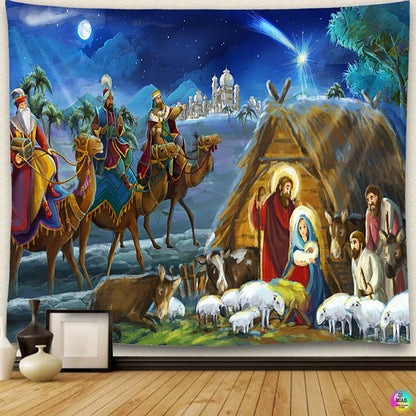 Christian  Scene Tapestry Jesus Birth Manger Barn Wall Hanging Angel Easter Christmas Wall Decor Christ Tapestries Room Decoration