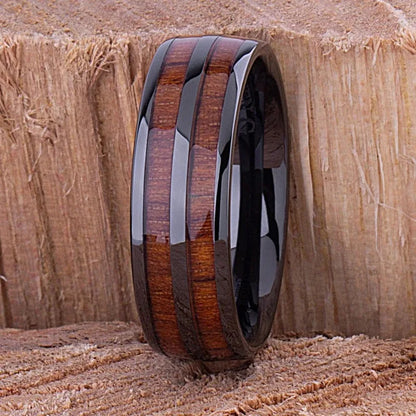 Fashion Men Titanium Steel Koa Wood Rings For Men Women Dome Polished Stainless Steel Rings Men Wedding