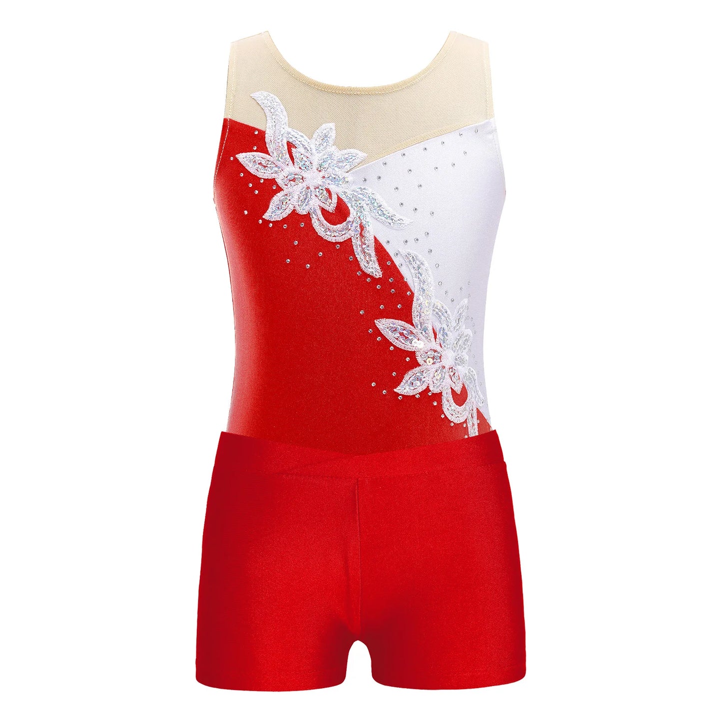 Kids Girls Sleeveless Gymnastics Jumpsuit + Shorts Rhinestone Shiny Metallic Ballet Dance Outfits Children Dancewear